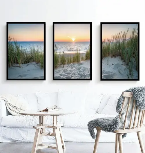 Kit 3 Quadros Paisagem Sol Praia Conjunto Decoração Molduras