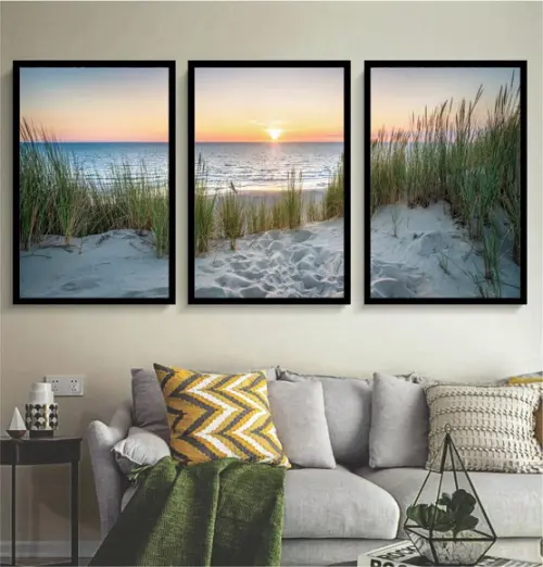 Kit 3 Quadros Paisagem Sol Praia Conjunto Decoração Molduras