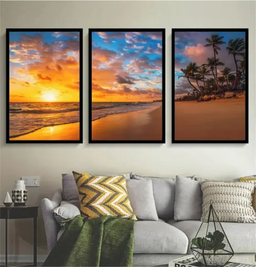 Kit 3 Quadros Paisagem Sol Praia Coqueiros Decoração Moldura