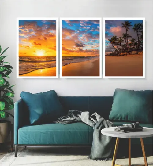 Kit 3 Quadros Paisagem Sol Praia Coqueiro Decoração Molduras