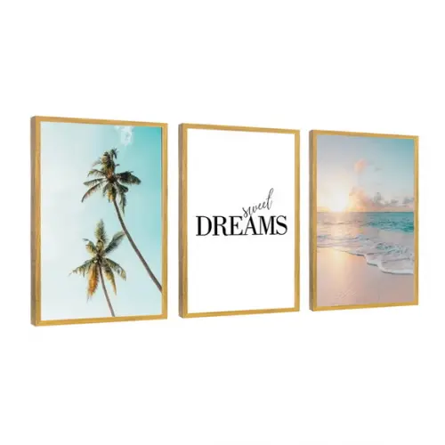 Kit 3 Quadros Paisagem Sol Praia Decoração Frases Moldura