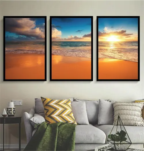 Kit 3 Quadros Paisagem Sol Praia Decoração Mar Com Molduras