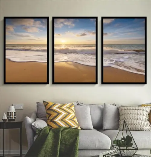 Kit 3 Quadros Paisagens Pôr Do Sol Praia Decoração Moldura