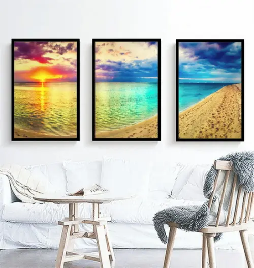 Kit 3 Quadros Paisagens Pôr Do Sol Decoração Praia Moldura