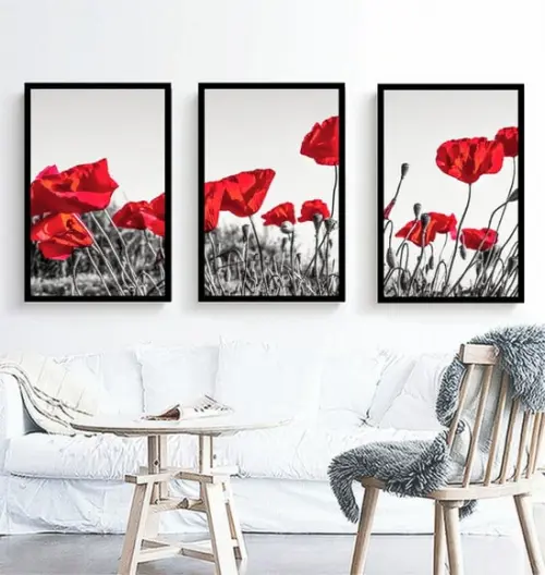Kit 3 Quadros Papoulas Vermelhas Decoração Botânico Molduras