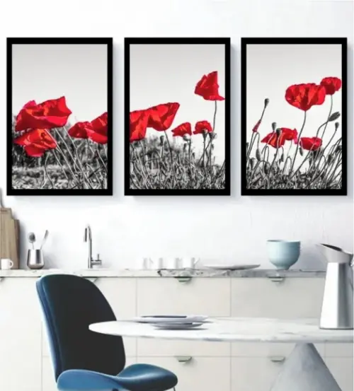 Kit 3 Quadros Papoulas Vermelhas Flores Decoração Molduras