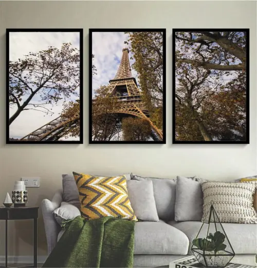 Kit 3 Quadros Paris Torre Eiffel Arvores Decoração Molduras