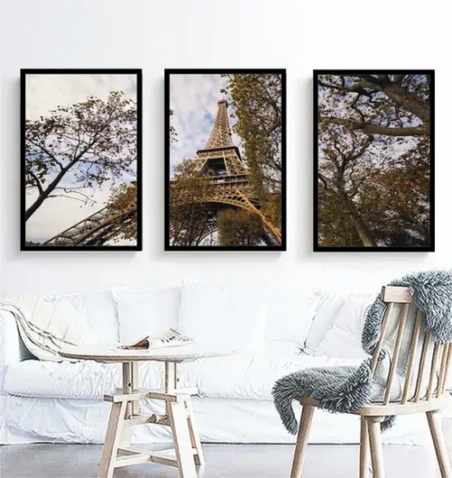 Kit 3 Quadros Paris Torre Eiffel Arvores Decoração Molduras