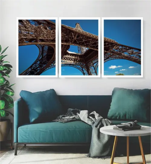 Kit 3 Quadros Paris Torre Eiffel Céu Azul Decoração Moldura