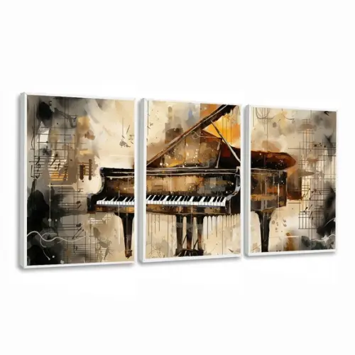 Kit 3 Quadros Piano Música Luxo Decoração com Moldura Vidro