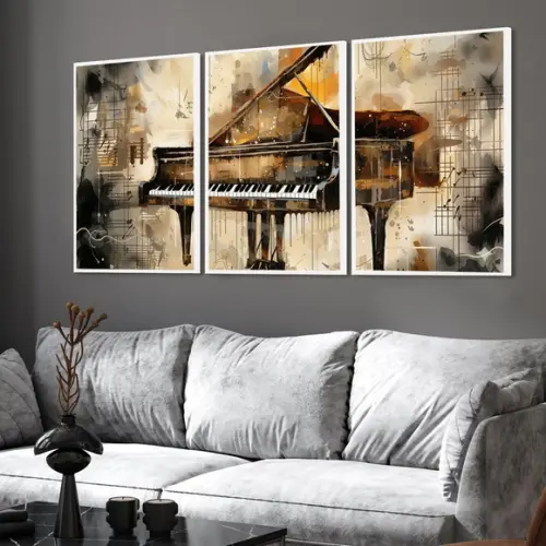 Kit 3 Quadros Piano Música Luxo Decoração com Moldura Vidro