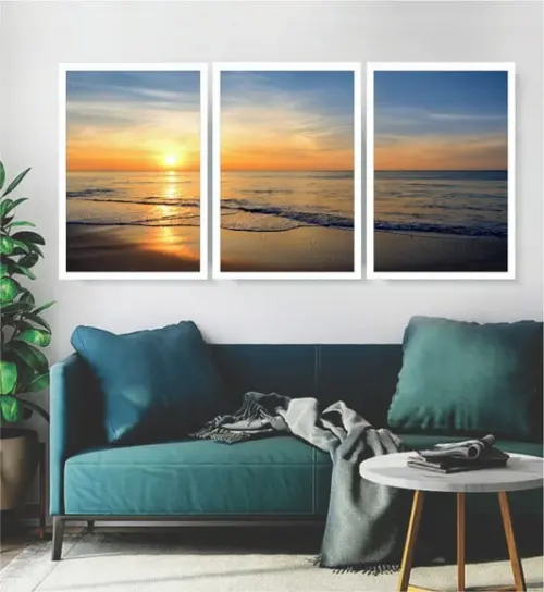 Kit 3 Quadros Pôr Do Sol Decoração Praia e Mar Com Moldura