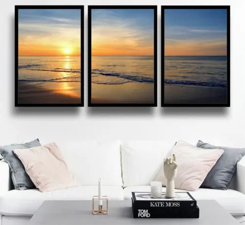 Kit 3 Quadros Pôr Do Sol Decoração Praia e Mar Com Moldura