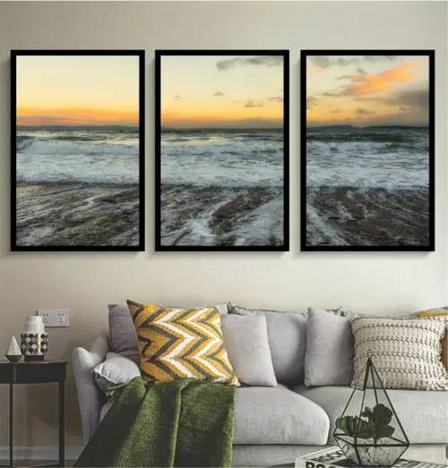 Kit 3 Quadros Pôr Do Sol Paisagem Decoração Praia Moldura