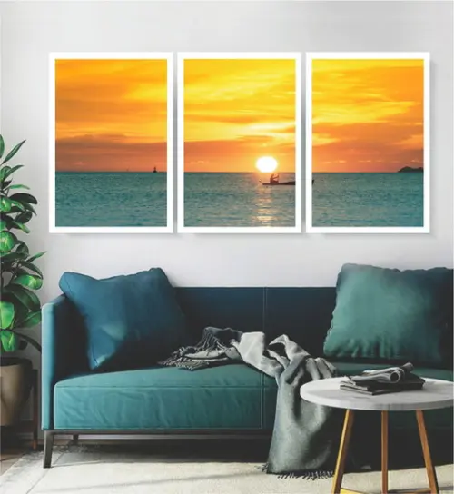 Kit 3 Quadros Pôr Do Sol Paisagem Decoração Conjunto Moldura