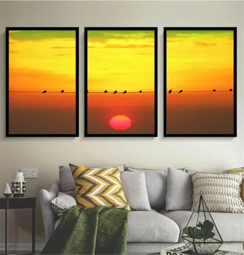 Kit 3 Quadros Pôr Do Sol Paisagem Pássaros Decoração Moldura