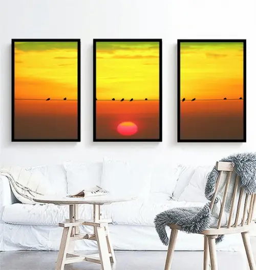 Kit 3 Quadros Pôr Do Sol Paisagem Pássaros Decoração Moldura