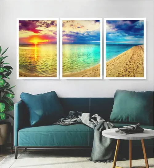 Kit 3 Quadros Pôr Do Sol Paisagens Decoração Praia Moldura