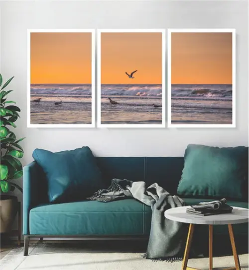 Kit 3 Quadros Pôr Do Sol Pássaros Paisagem Decoração Moldura