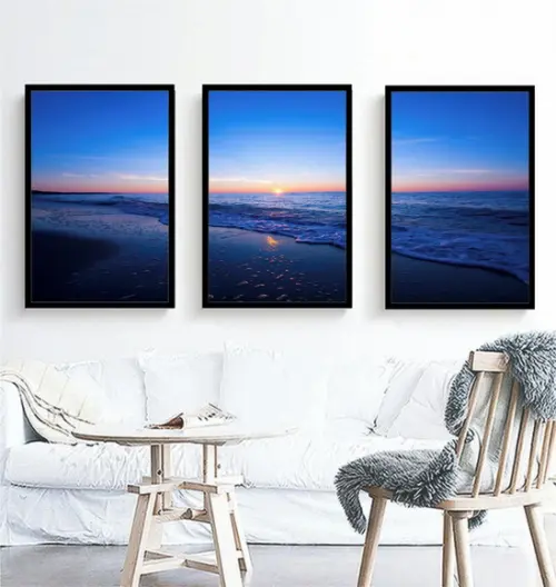 Kit 3 Quadros Pôr Do Sol Praia e Mar Decoração Com Moldura