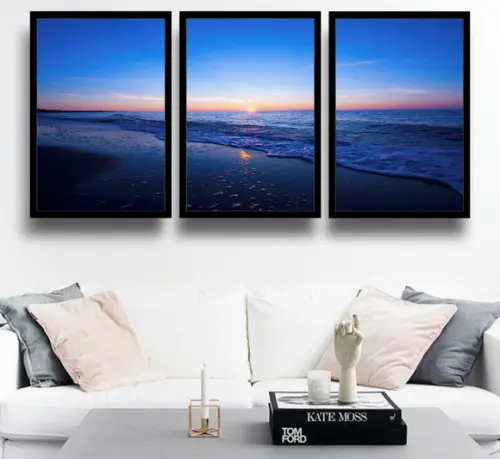 Kit 3 Quadros Pôr Do Sol Praia e Mar Decoração Com Moldura
