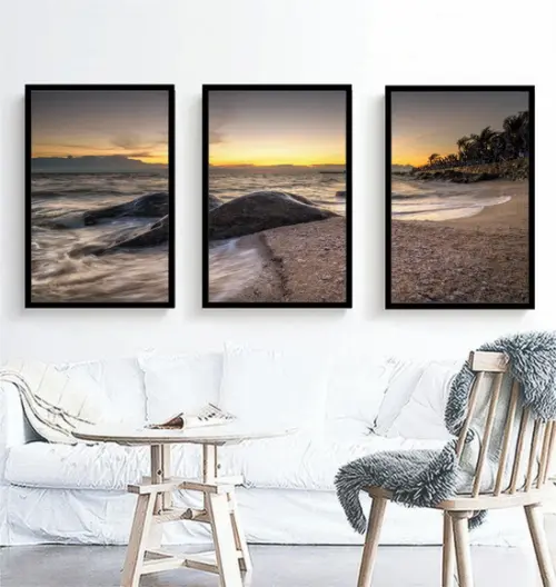 Kit 3 Quadros Pôr Do Sol Praia Paisagem Decoração Moldura