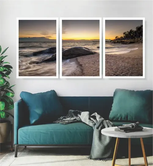Kit 3 Quadros Pôr Do Sol Praia Paisagem Decoração Moldura