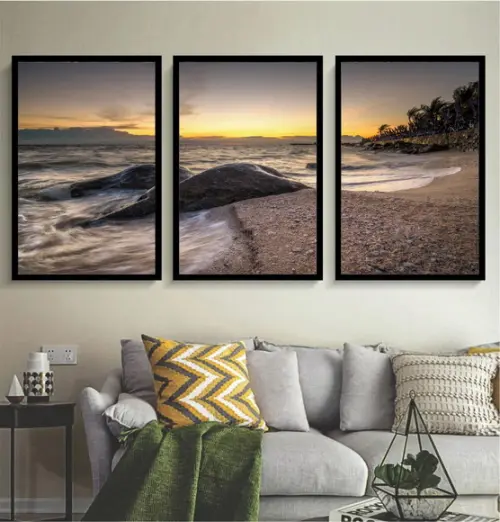 Kit 3 Quadros Pôr Do Sol Praia Paisagem Decoração Moldura