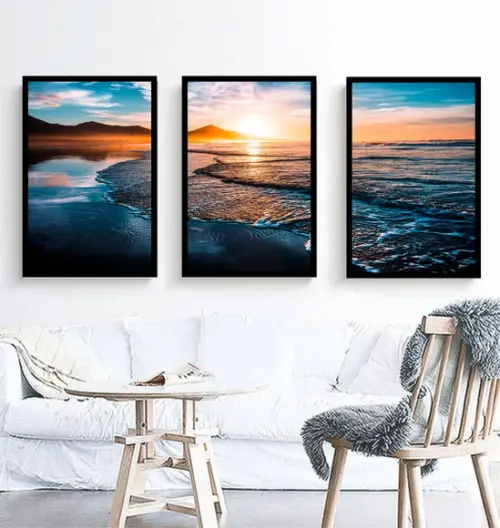 Kit 3 Quadros Pôr Do Sol Praias Decoração Paisagem Molduras
