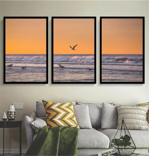 Kit 3 Quadros Pôr Do Sol Praia Pássaros Decoração Molduras