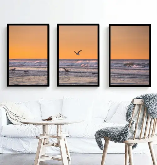 Kit 3 Quadros Pôr Do Sol Praia Pássaros Decoração Molduras