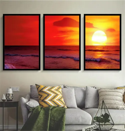 Kit 3 Quadros Pôr Do Sol Praias Paisagem Decoração Moldura