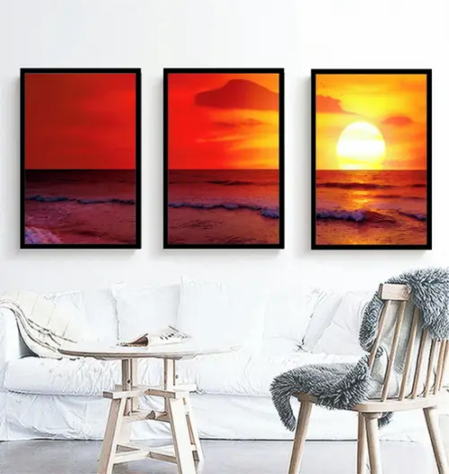 Kit 3 Quadros Pôr Do Sol Praias Paisagem Decoração Moldura