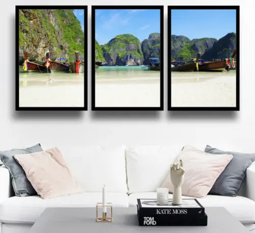 Kit 3 Quadros Praia Barcos Canoas Decoração Mar Com Moldura