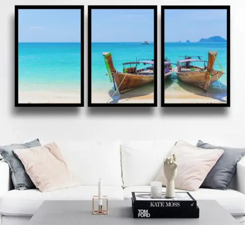 Kit 3 Quadros Praia Barcos Mar Decoração Litoral Com Moldura