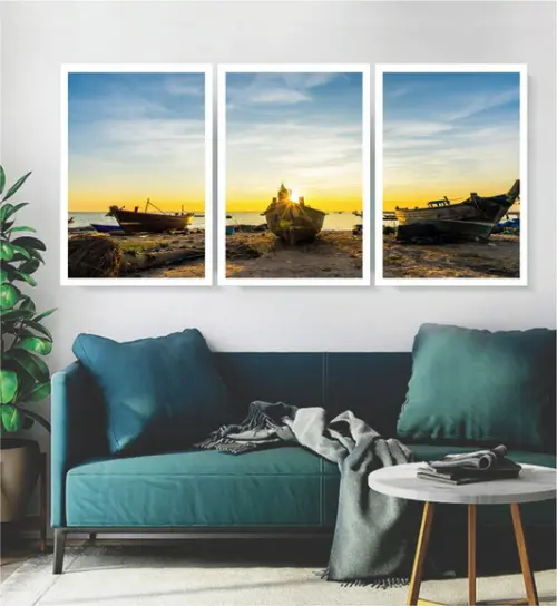 Kit 3 Quadros Praia Barcos Pôr Do Sol Decoração Com Moldura