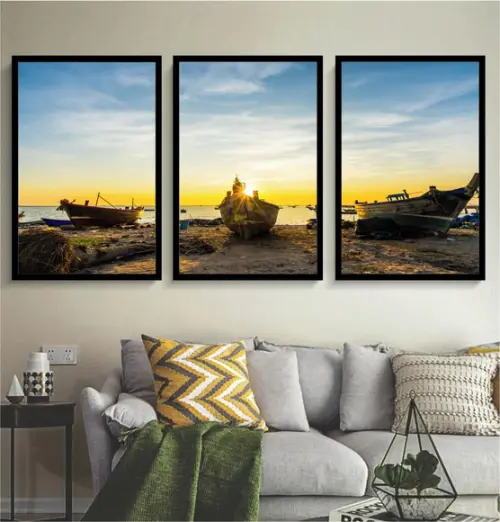 Kit 3 Quadros Praia Barcos Pôr Do Sol Decoração Com Molduras