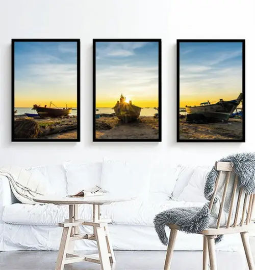 Kit 3 Quadros Praia Barcos Pôr Do Sol Decoração Com Molduras