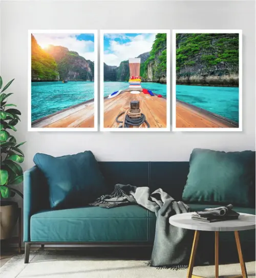 Kit 3 Quadros Praia Barcos Tailândia Mar Decoração Moldura