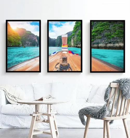 Kit 3 Quadros Praia Barcos Tailândia Mar Decoração Molduras