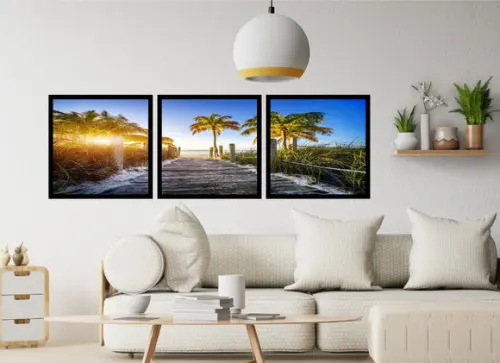 Kit 3 Quadros Praia Coqueiro Decoração Paisagem Com Molduras