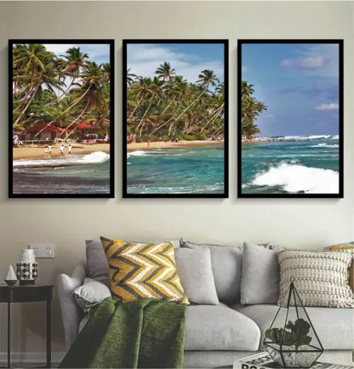 Kit 3 Quadros Praia Coqueiros Paisagem Mar Decoração Moldura