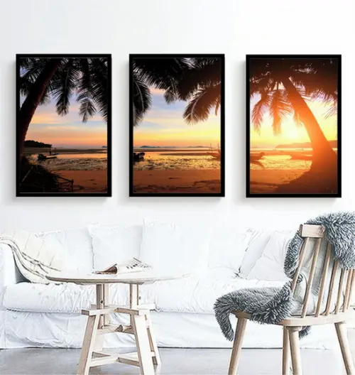 Kit 3 Quadros Praia Coqueiros Pôr Do Sol Decoração Molduras