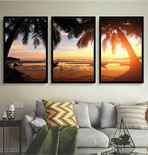Kit 3 Quadros Praia Coqueiros Pôr Do Sol Decoração Molduras