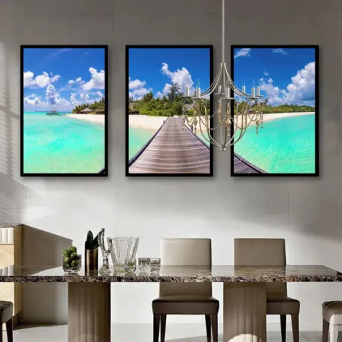 Kit 3 Quadros Praia Deck Caribe Maldivas Decoração Moldura