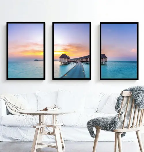 Kit 3 Quadros Praia Deck Maldivas Decoração Conjunto Moldura