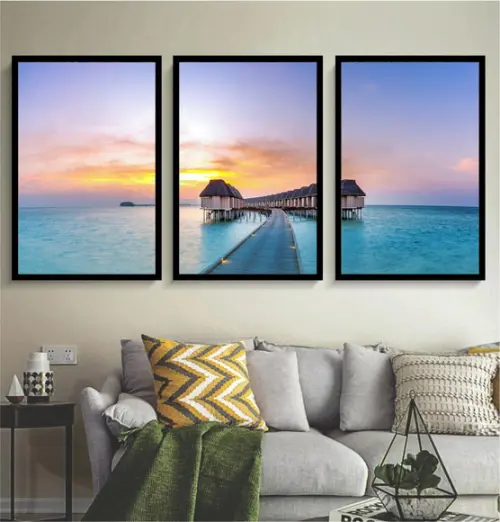 Kit 3 Quadros Praia Deck Maldivas Decoração Conjunto Moldura