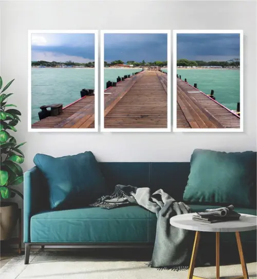 Kit 3 Quadros Praia Deck Maldivas Decoração Mar Com Moldura