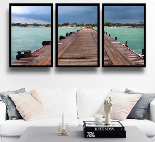 Kit 3 Quadros Praia Deck Maldivas Decoração Mar Com Moldura