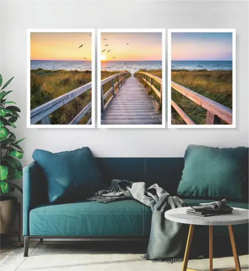 Kit 3 Quadros Praia Deck Paisagem Decoração Conjunto Moldura